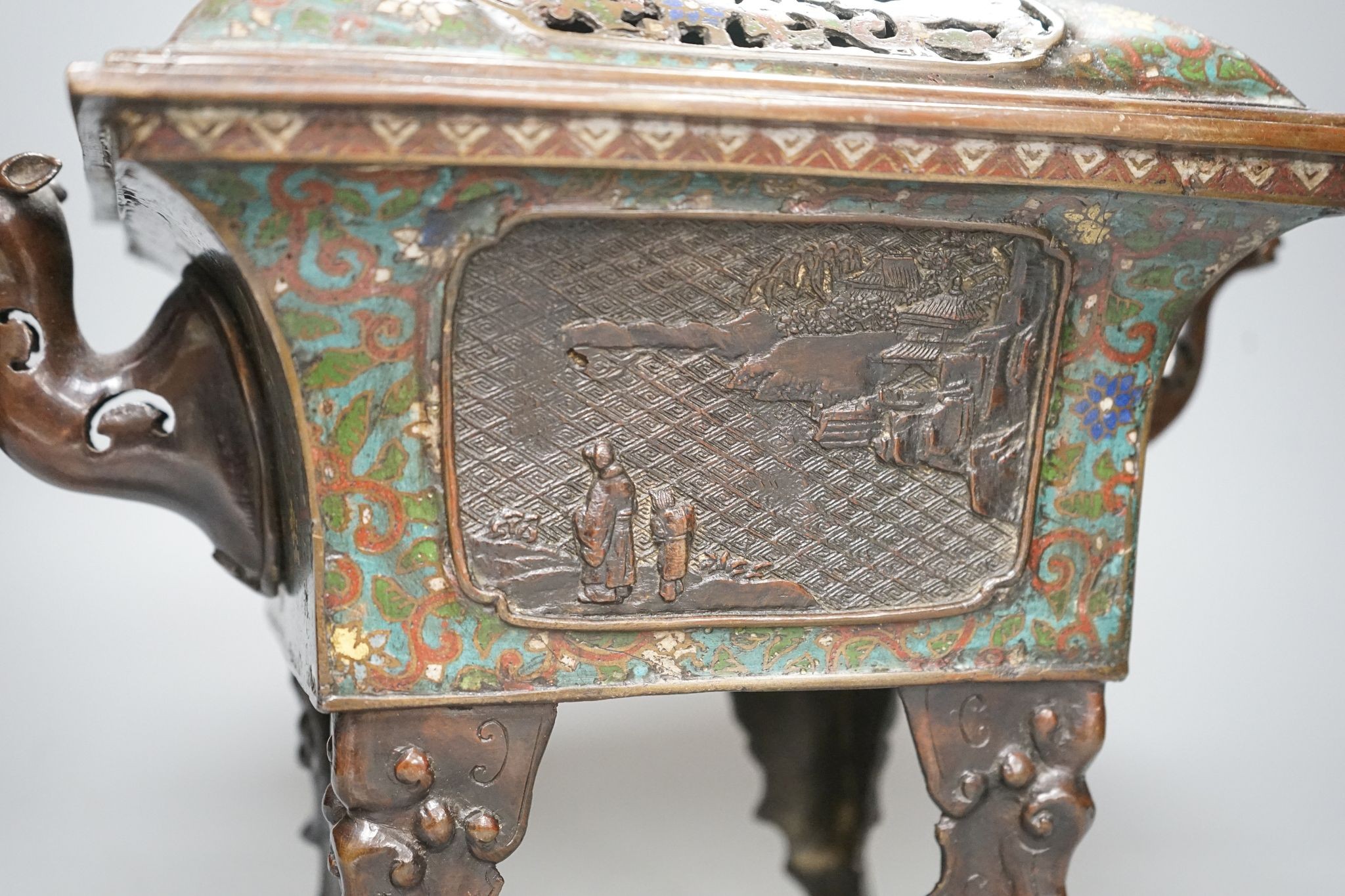 A 19th century Oriental bronze and enamel censer and cover, 40cm